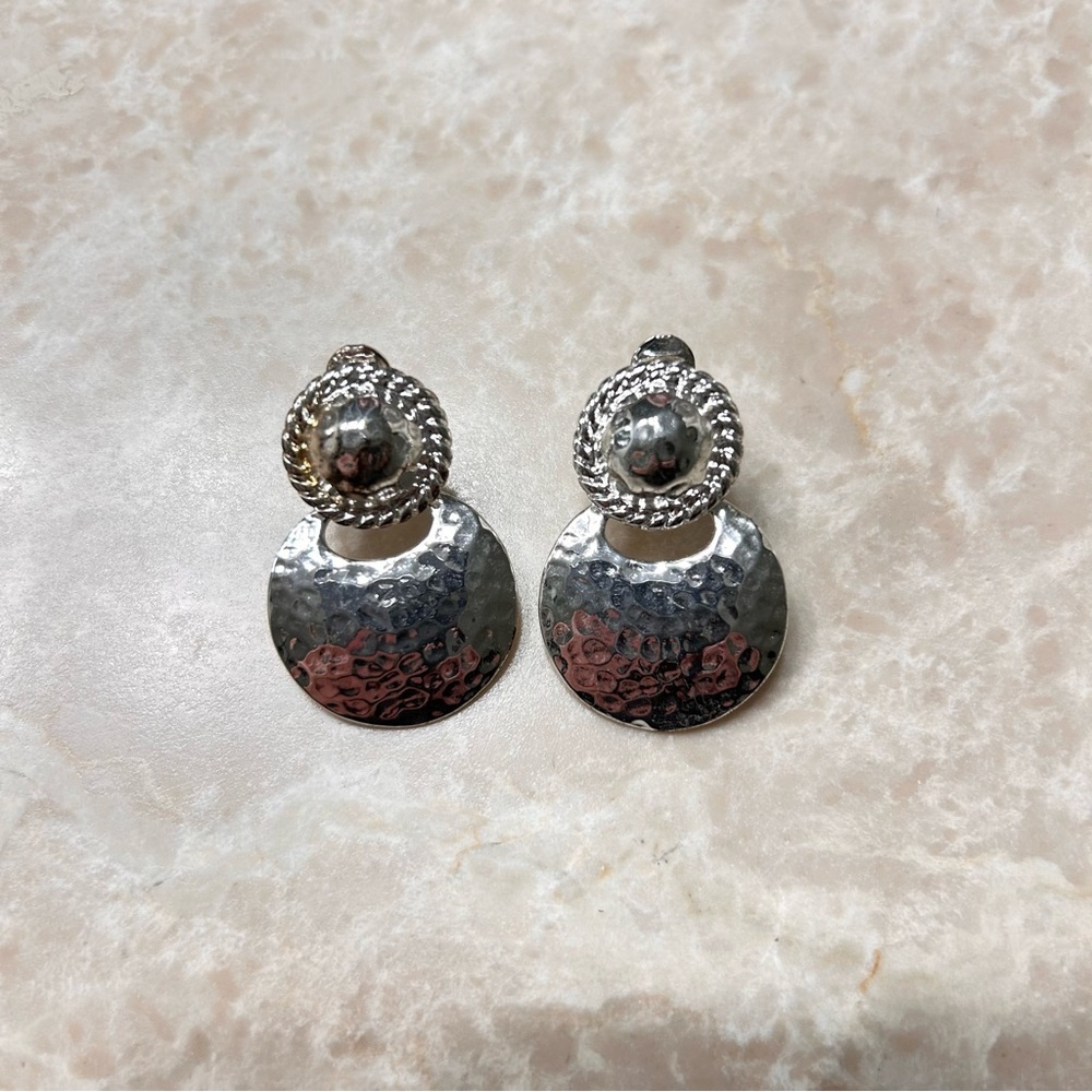 Vintage Monet Silver Hammered Disc Clip-On Earrings